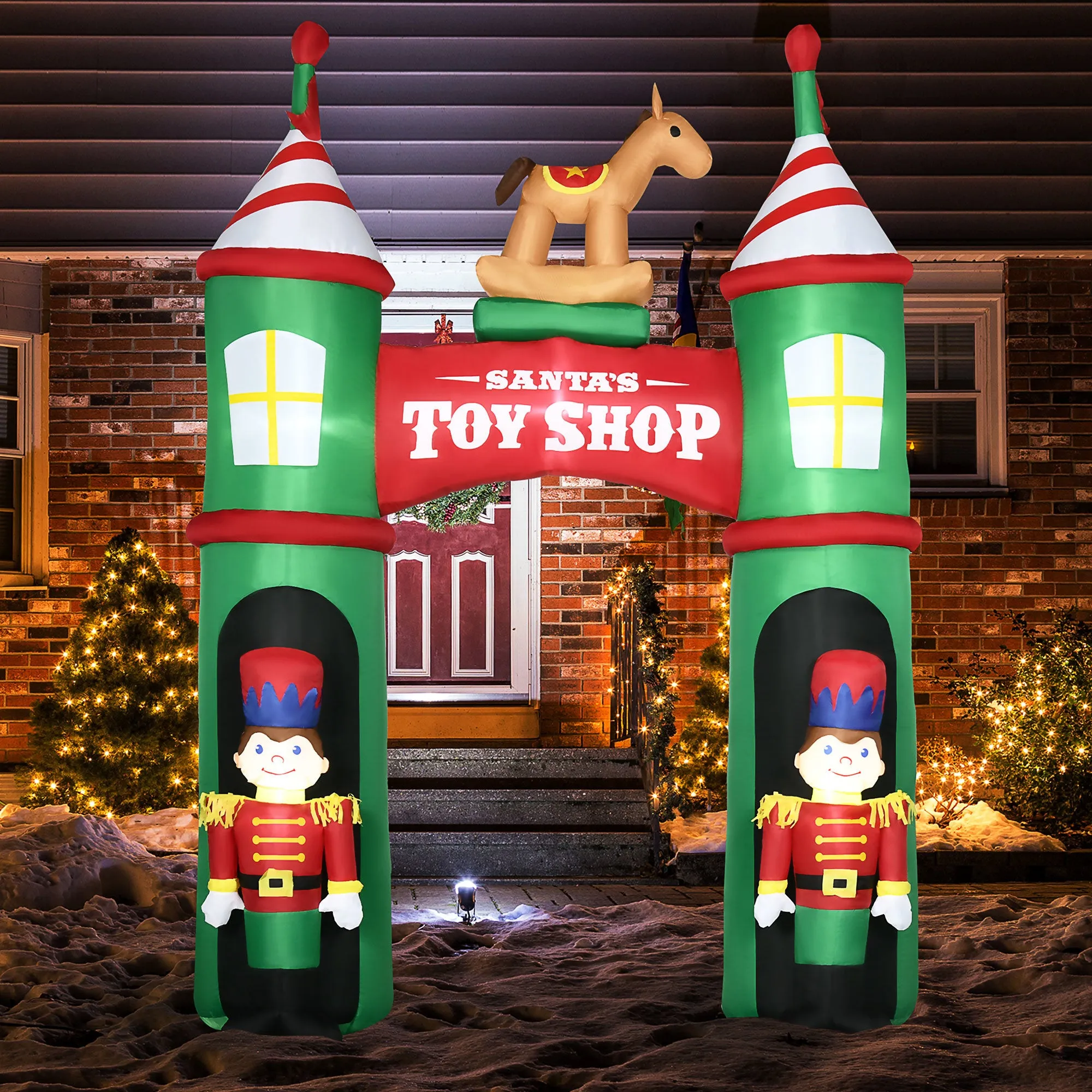 11.5ft Christmas Inflatables Outdoor Decorations Archway with 2 Nutcracker Soldiers Rocking Horse, Blow-Up LED Yard Christmas Decor for Lawn Garden Party