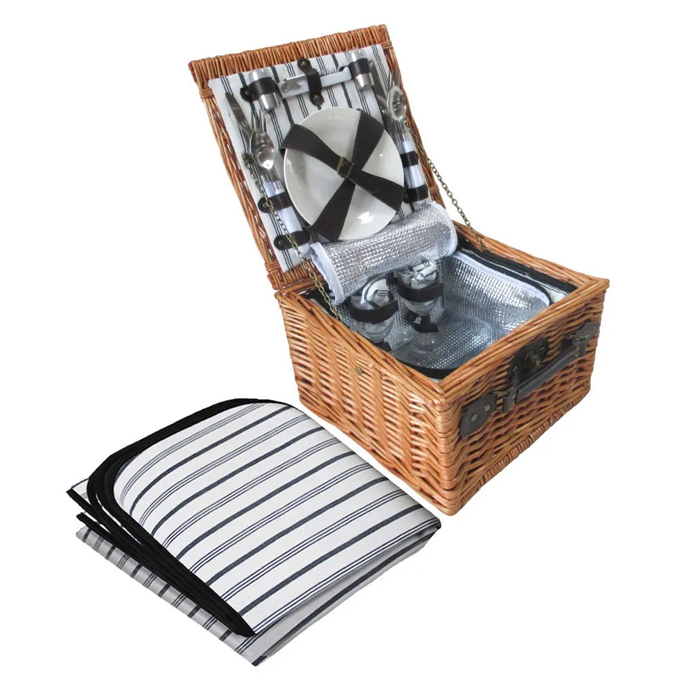 Deluxe 2-Person Willow Picnic Basket Set with Insulated Cooler Bag and Blanket for Alfresco Dining