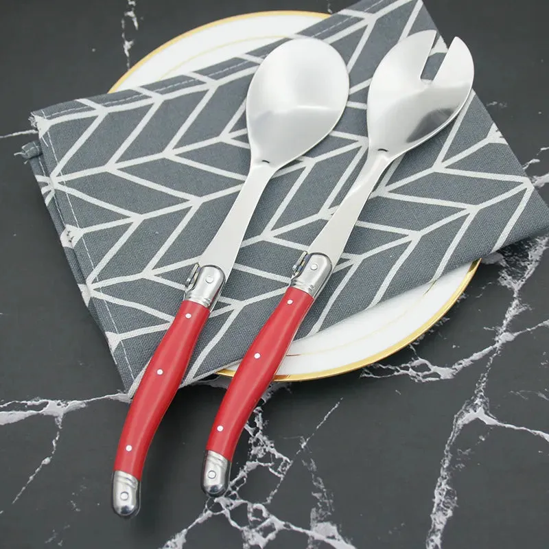 2pcs 10'' Red Salad Spoon set Laguiole Stainless steel Spoon Western Dinnerware Black ABS Handle Party Cake Dessert Tool Kitchen