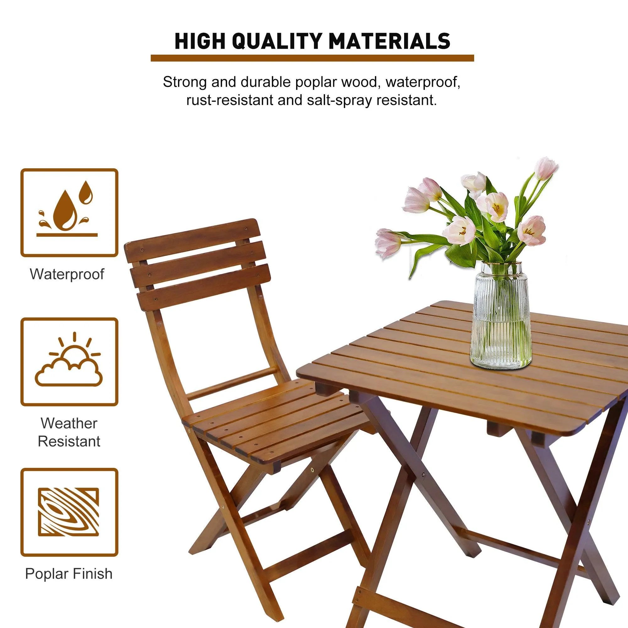 3-Piece Outdoor Wood Bistro Set, Patio Folding Furniture Set