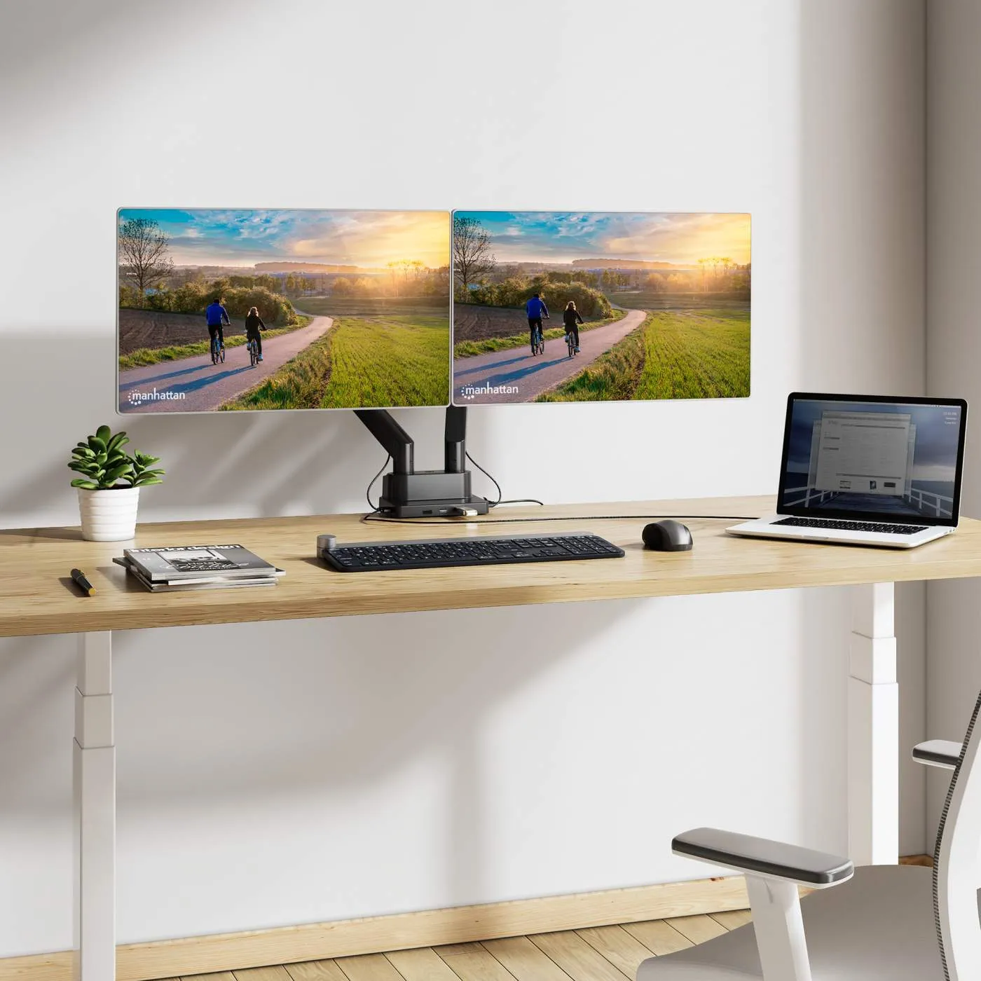 Dual Monitor Desk Mount with Integrated Docking Station