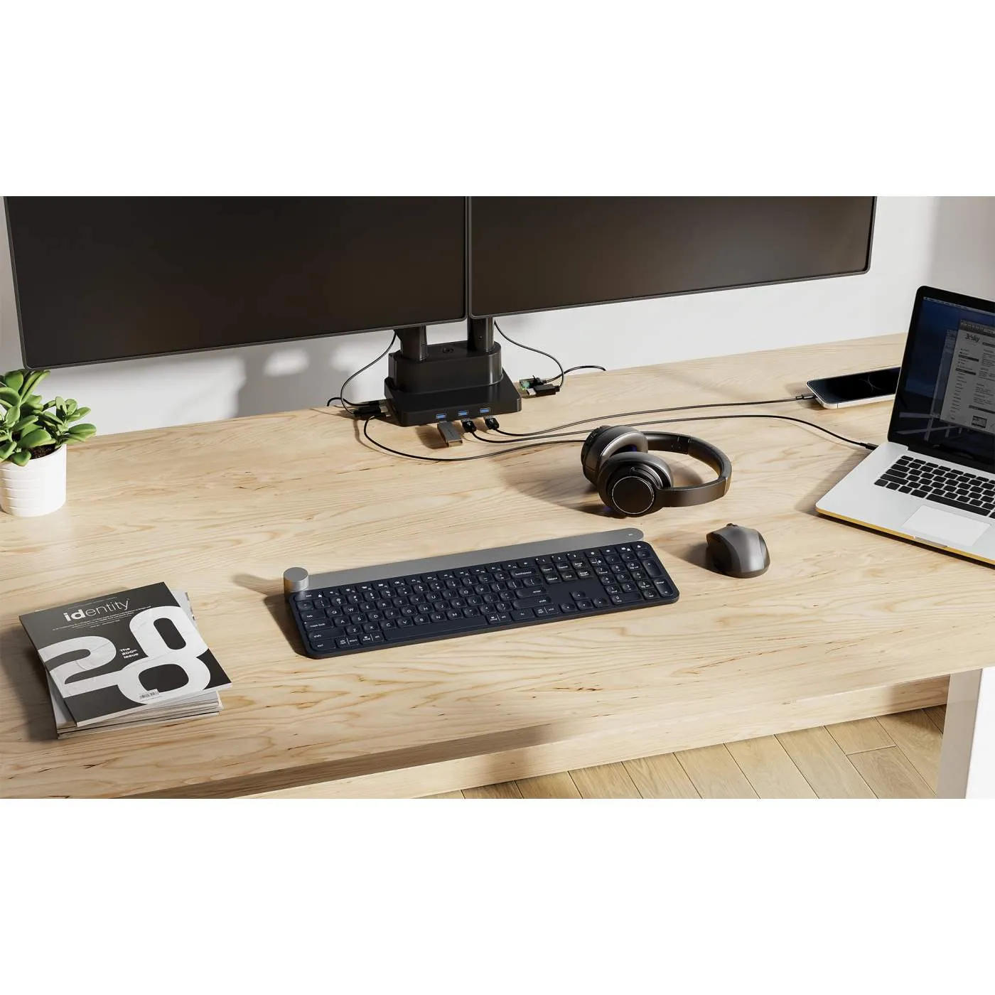 Dual Monitor Desk Mount with Integrated Docking Station