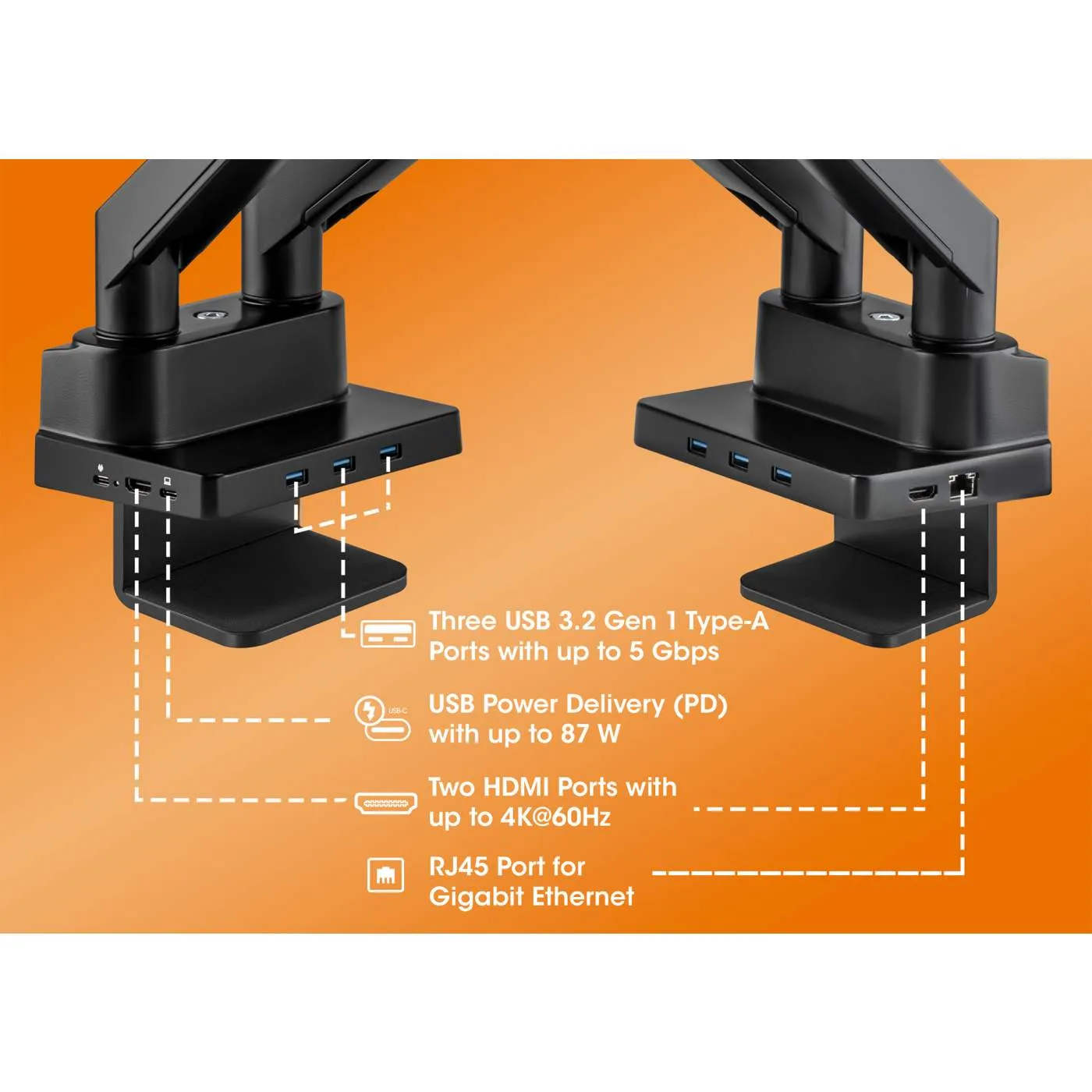 Dual Monitor Desk Mount with Integrated Docking Station