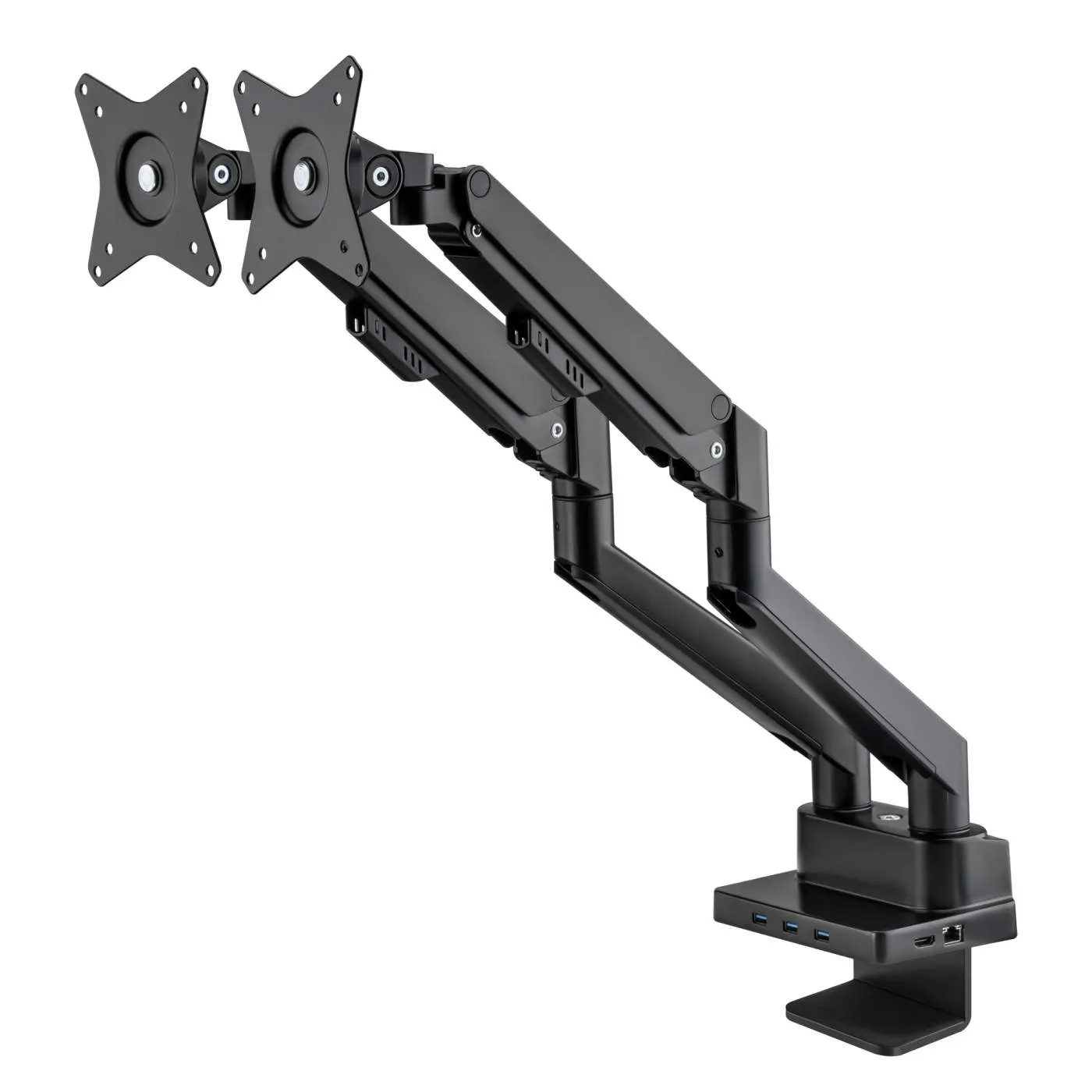 Dual Monitor Desk Mount with Integrated Docking Station