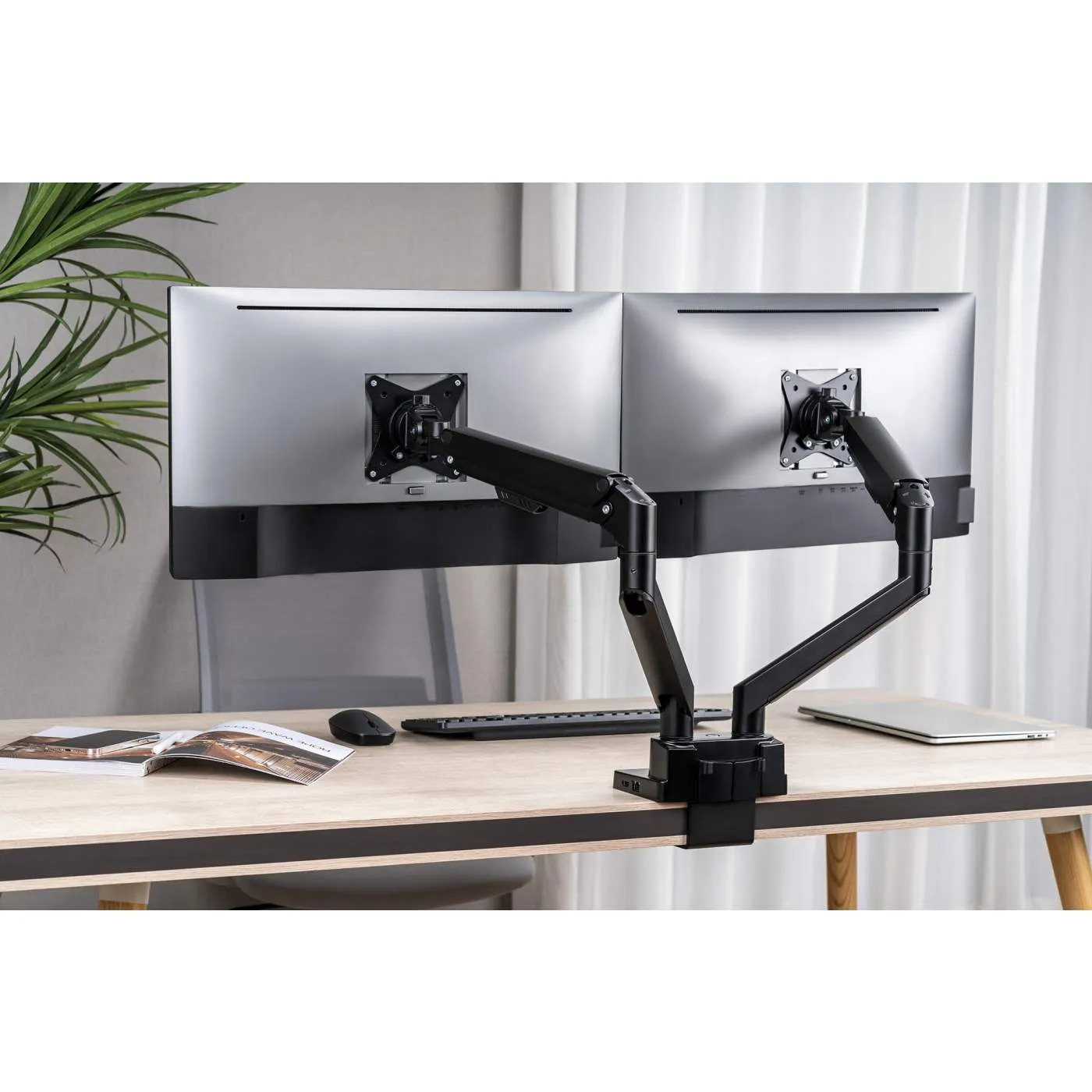 Dual Monitor Desk Mount with Integrated Docking Station