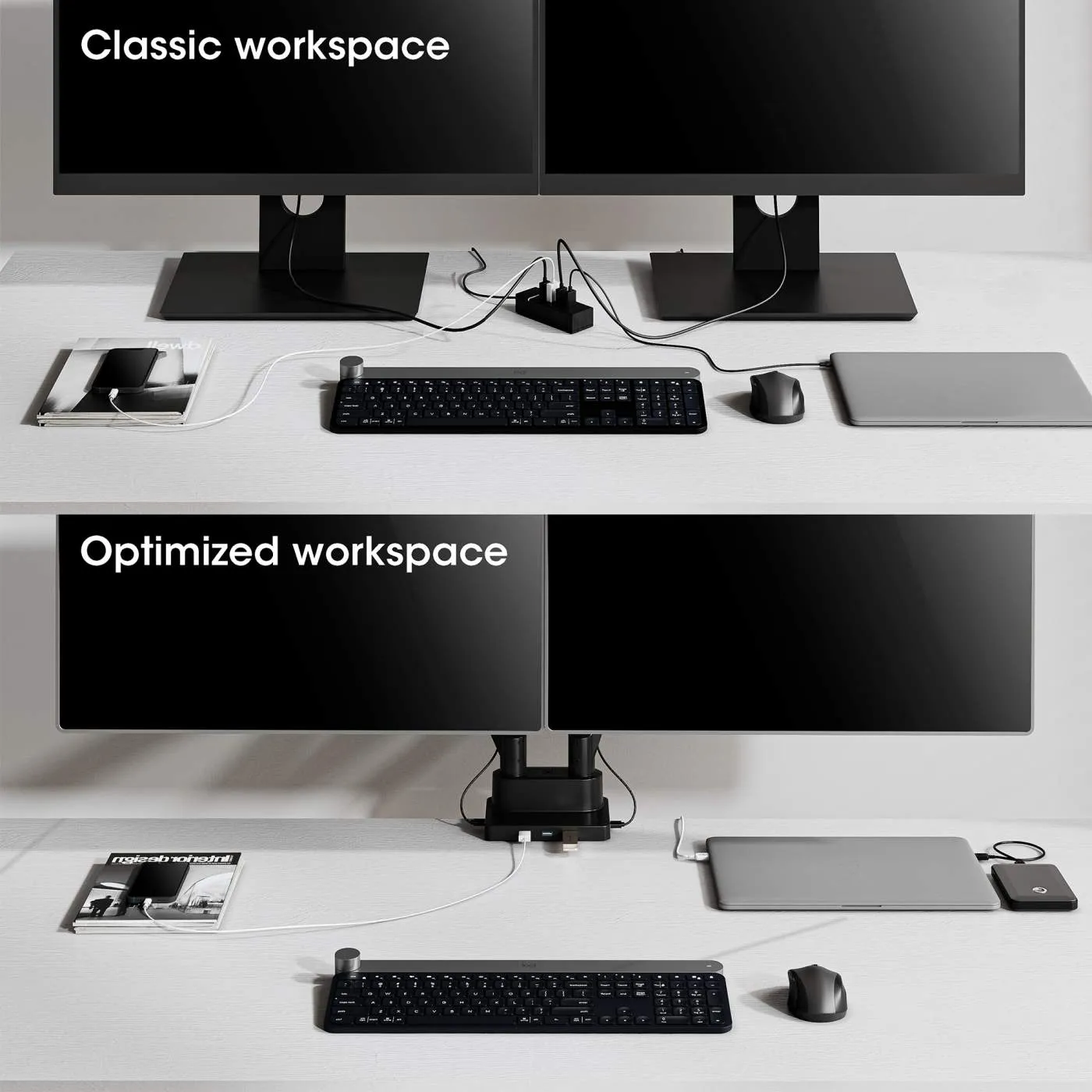 Dual Monitor Desk Mount with Integrated Docking Station