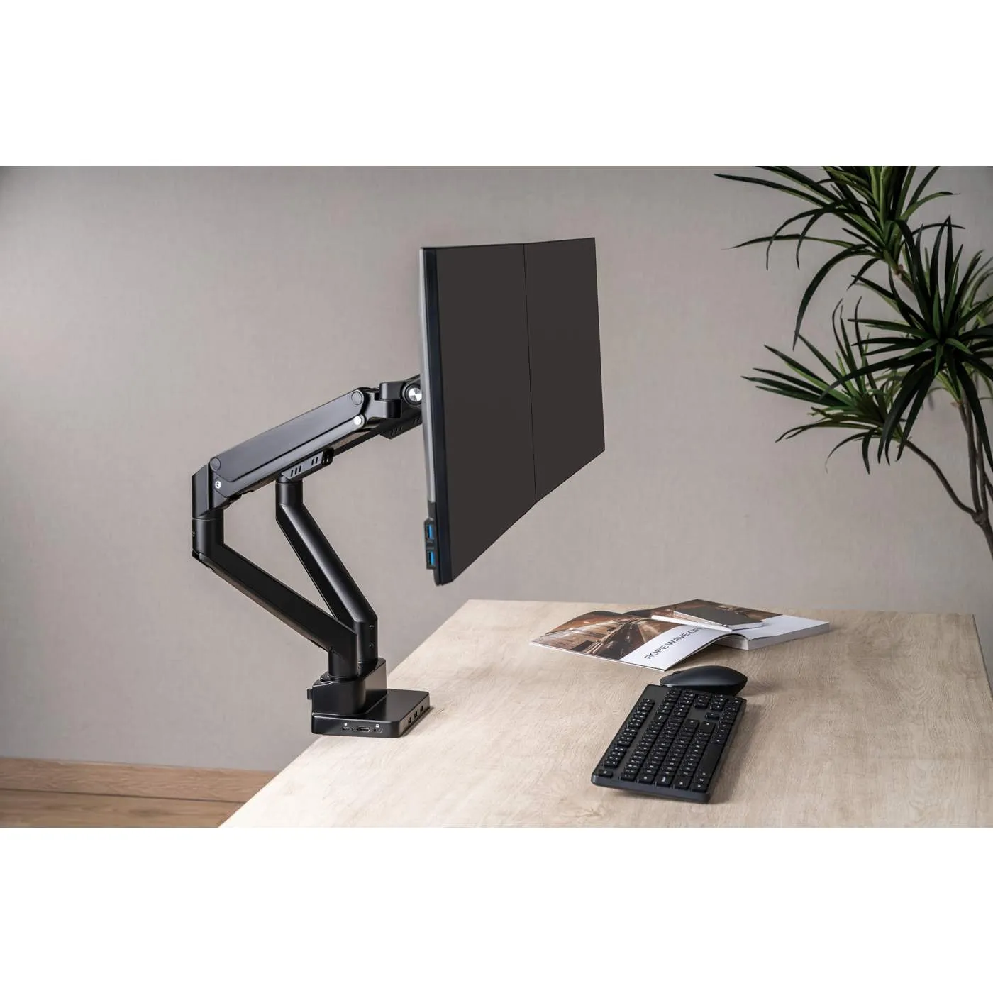 Dual Monitor Desk Mount with Integrated Docking Station