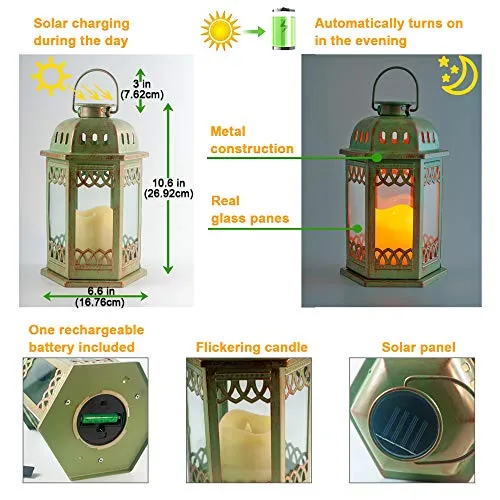 SteadyDoggie Solar Lanterns 2 Pack Green - Hanging Solar Lights with Flickering Candle LED - Retro Ornate Hanging Solar Lantern with Handle