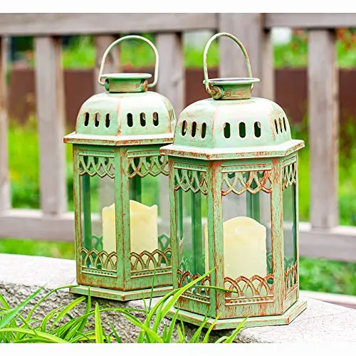 SteadyDoggie Solar Lanterns 2 Pack Green - Hanging Solar Lights with Flickering Candle LED - Retro Ornate Hanging Solar Lantern with Handle